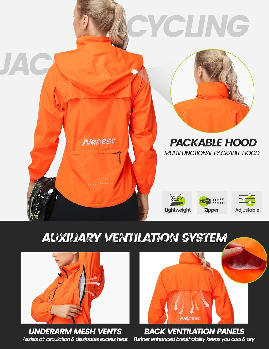 Nepest Womens Cycling Rain Jackets Biking Windbreaker with Hood UPF 50+