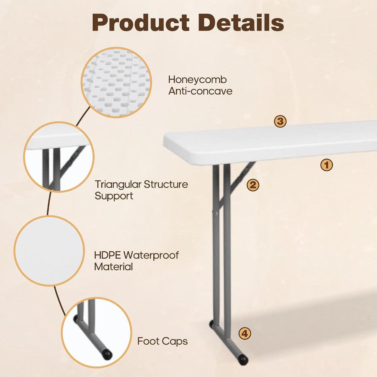 Folding Table 5FT Narrow Portable Plastic Heavy Duty Table HDPE Tabletop Rectangle Seminar Table with Carrying Handle Indoor Outdoor for Training, Buffet,Home Office, Camping, Party