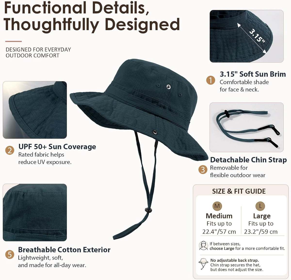 Womens Satin Lined Sun Hat UV Protection Washed Cotton Sun Hat with Satin Lining for Outdoor Beach Travel Hiking