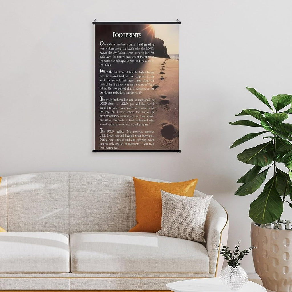 Footprints in the Sand Religious Canvas Wall Art Posters, Inspirational Beach Sunset Poem Print Poster (Black Axis 20x30inch, Footprints(7))