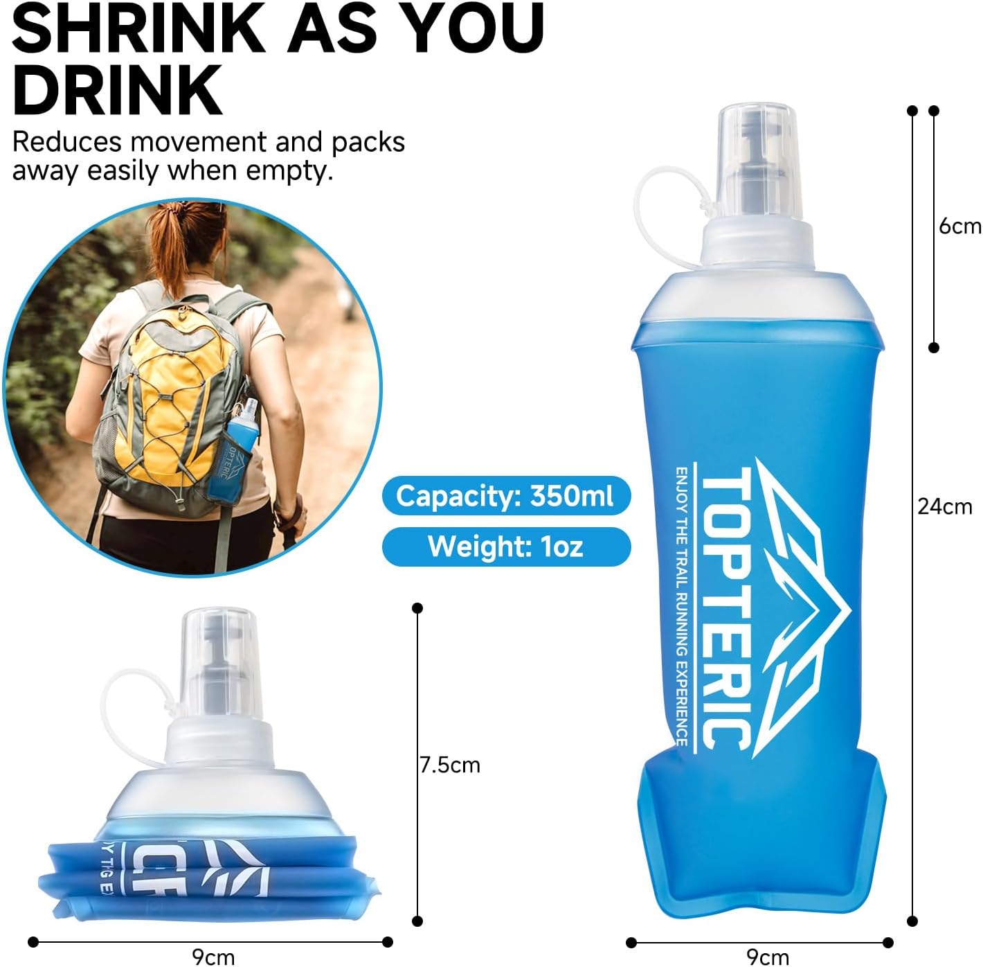 Collapsible Soft Flask Water Bottle, TPU Soft Folding Flexible Water Bottles for Hydration Pack/Running Vest, BPA/PVC Free, Ideal for Running Hiking Cycling Climbing (350ml)