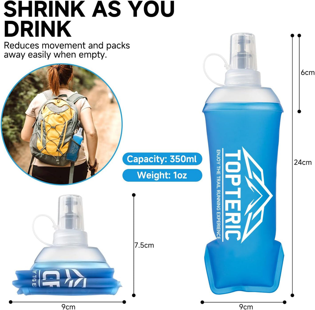 Collapsible Soft Flask Water Bottle, TPU Soft Folding Flexible Water Bottles for Hydration Pack/Running Vest, BPA/PVC Free, Ideal for Running Hiking Cycling Climbing (350ml-2 Pack)