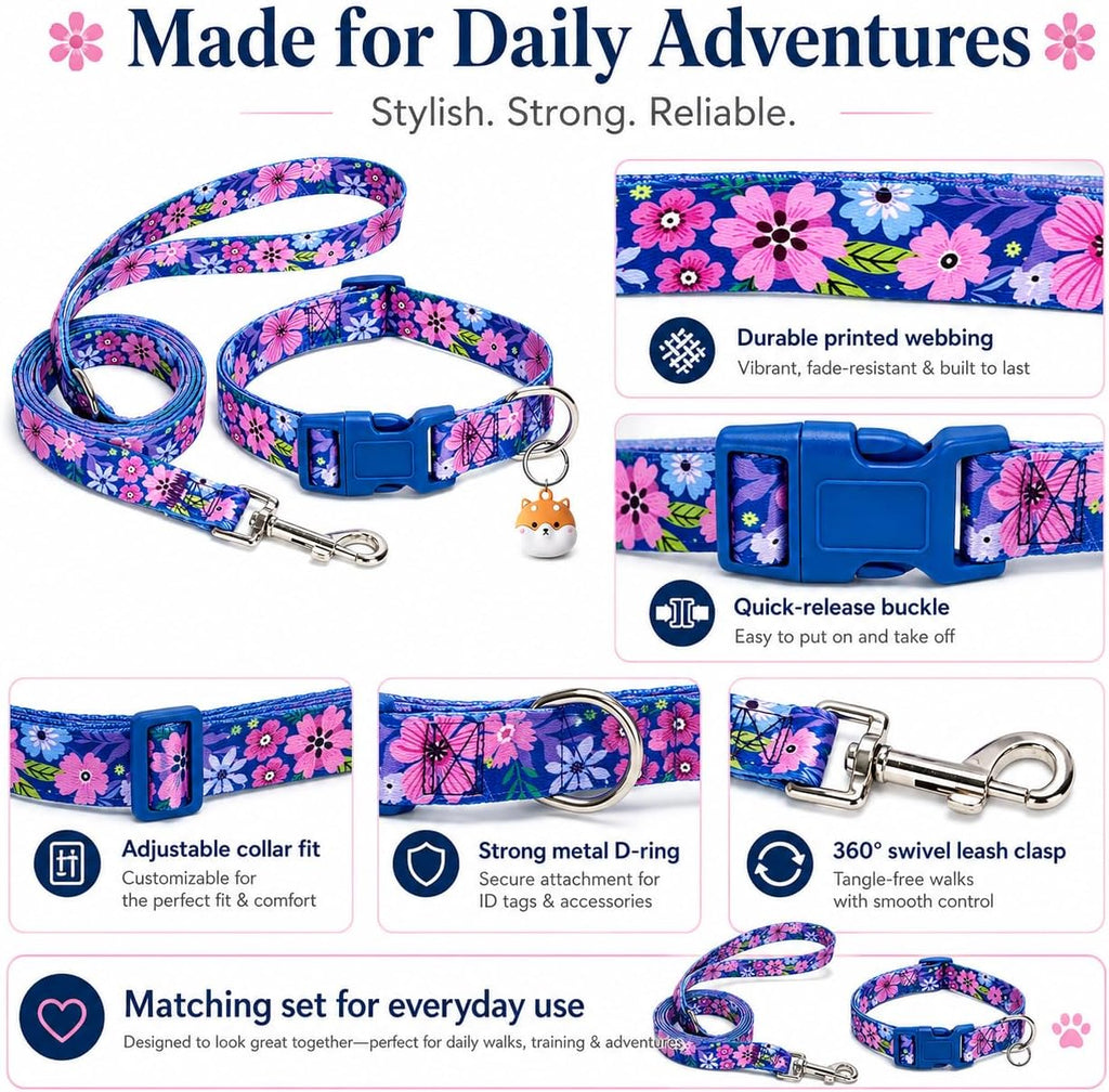 Floral Matching Dog Collar and Leash Set with AirTag Holder-Dark Flower/L