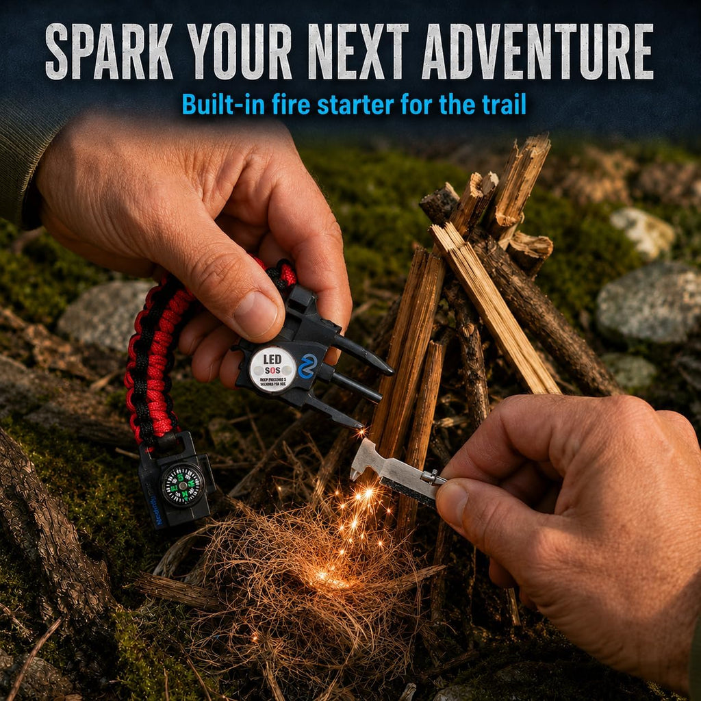 Nexfinity One Paracord Bracelet Set of 2-6-in-1 Survival Gear with SOS LED Light, Fire Starter, Compass, Loud Whistle & Multitools - Adjustable 550 Grade - Gift for Men, Camping, Hiking