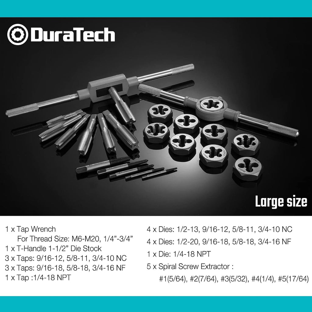 DURATECH Large Size Tap and Die Set, 23 Piece, Standard