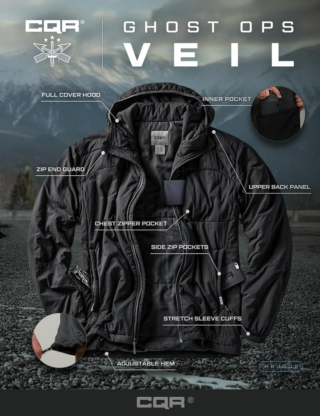 CQR Men's Lightweight Warm Insulated Jacket, Windproof Water Resistant Winter Active Coat for Hiking Work Outdoor Tactical