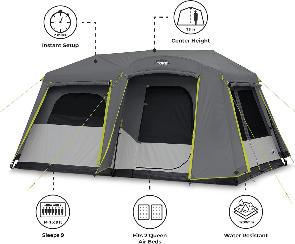 CORE Instant Cabin Tents | Family Cabin Multi Room Pop Up Tents Car Camping | Included Storage Pockets for Camping Accessories