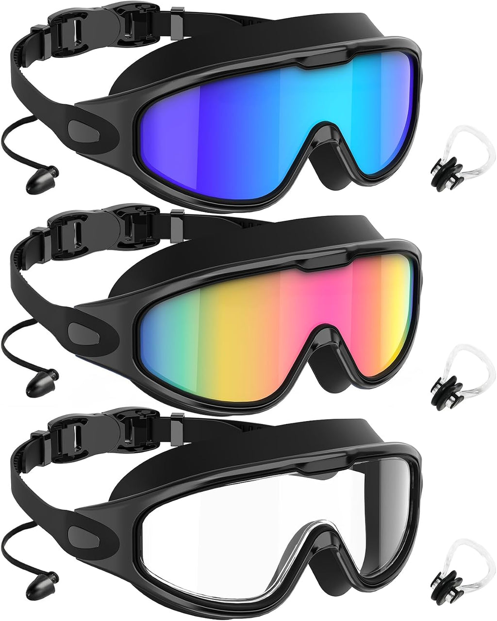 NSSIW Swim Goggles,Anti-Fog UV 180°Clear View Swimming Goggles,3 Pack Goggles Swimming Adult Men Women Youth