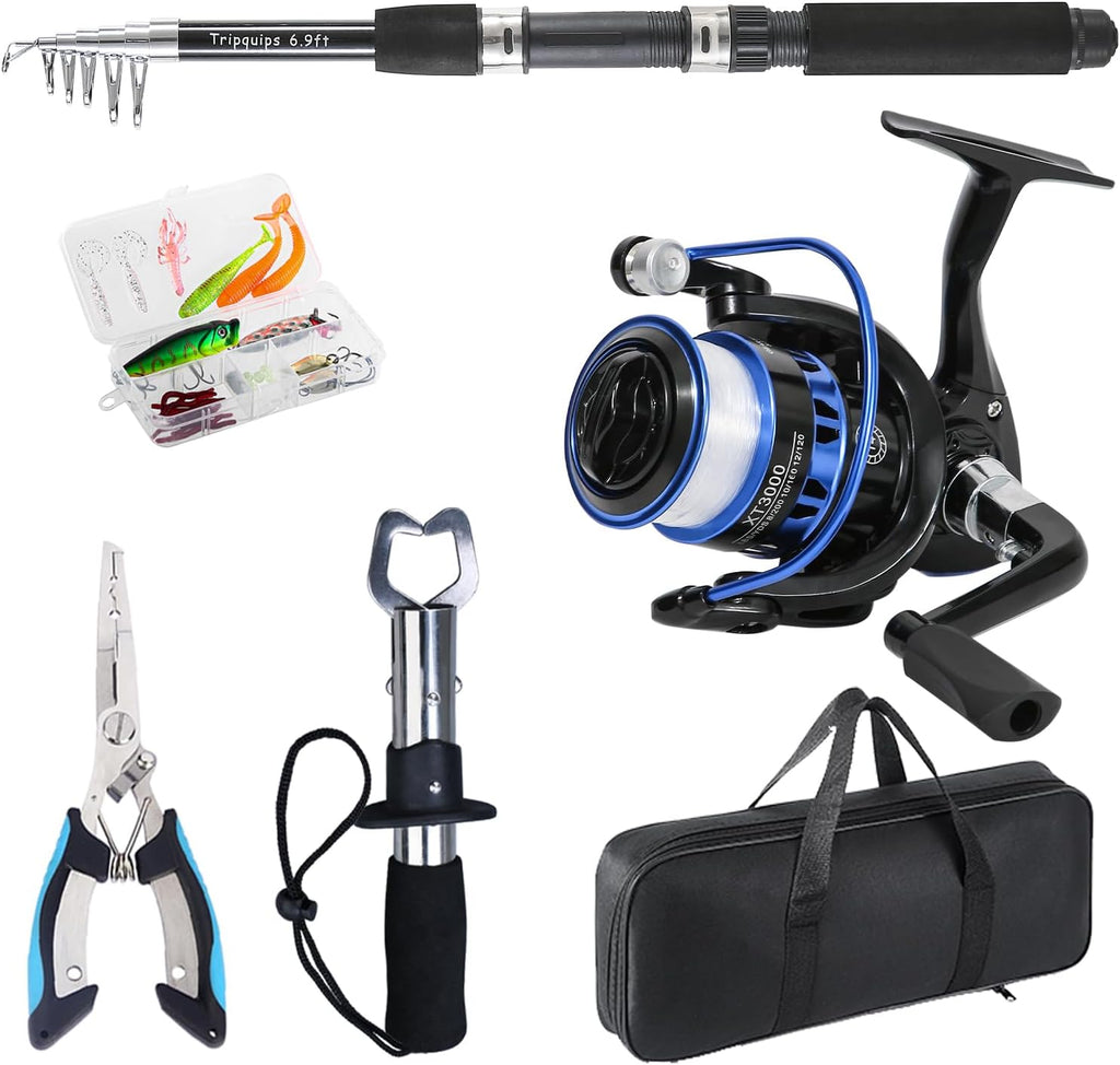 Tripquips Fishing Rod, 6.9ft Telescopic Fishing Rod and Reel Combo with Fishing Pliers and Lip Gripper Fishing Equipment, 5.2:1 Pre-Loaded Spinning Reel Combo Set Fishing Pole