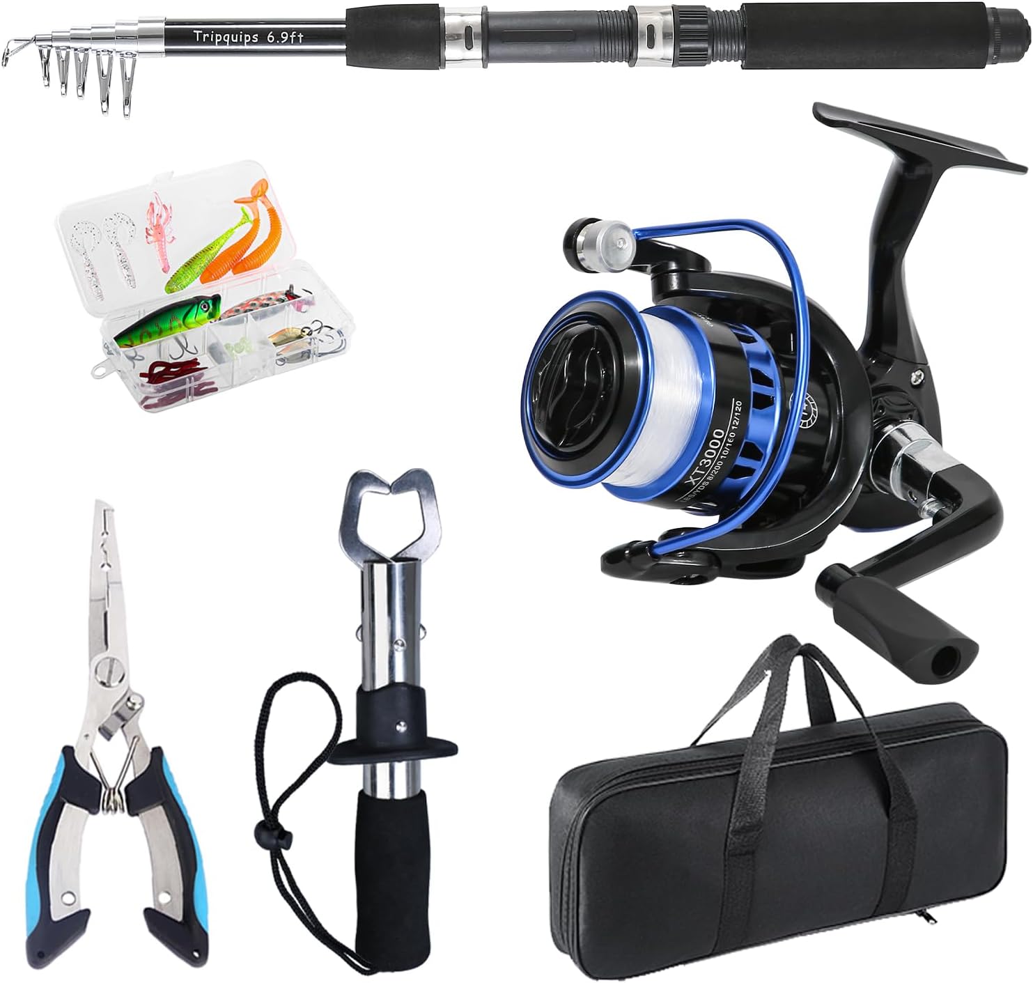 Tripquips Fishing Rod, 6.9ft Telescopic Fishing Rod and Reel Combo with Fishing Pliers and Lip Gripper Fishing Equipment, 5.2:1 Pre-Loaded Spinning Reel Combo Set Fishing Pole