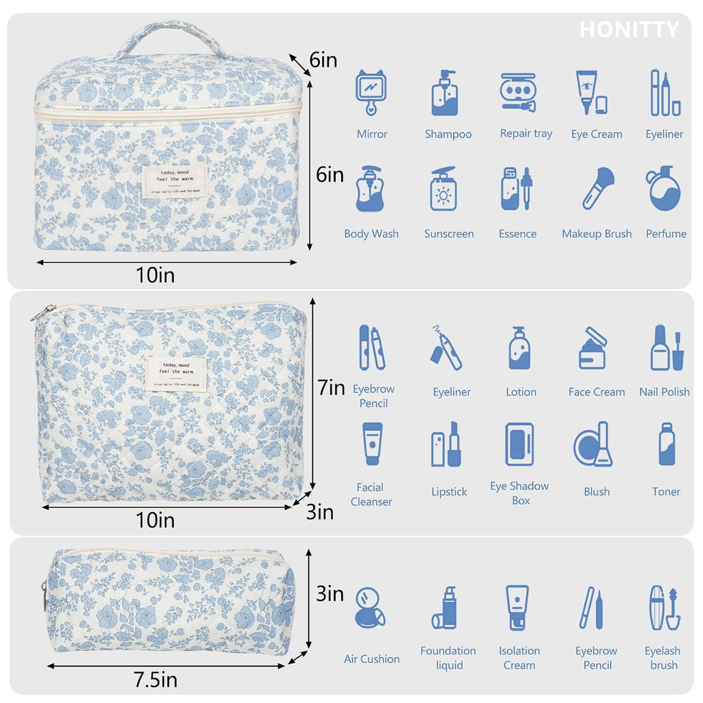 Makeup Bag,Quilted Cosmetic Bag,Large Floral Make Up Bag for Women,Cotton Makeup Bag Set,Flower Travel Toiletry Bag