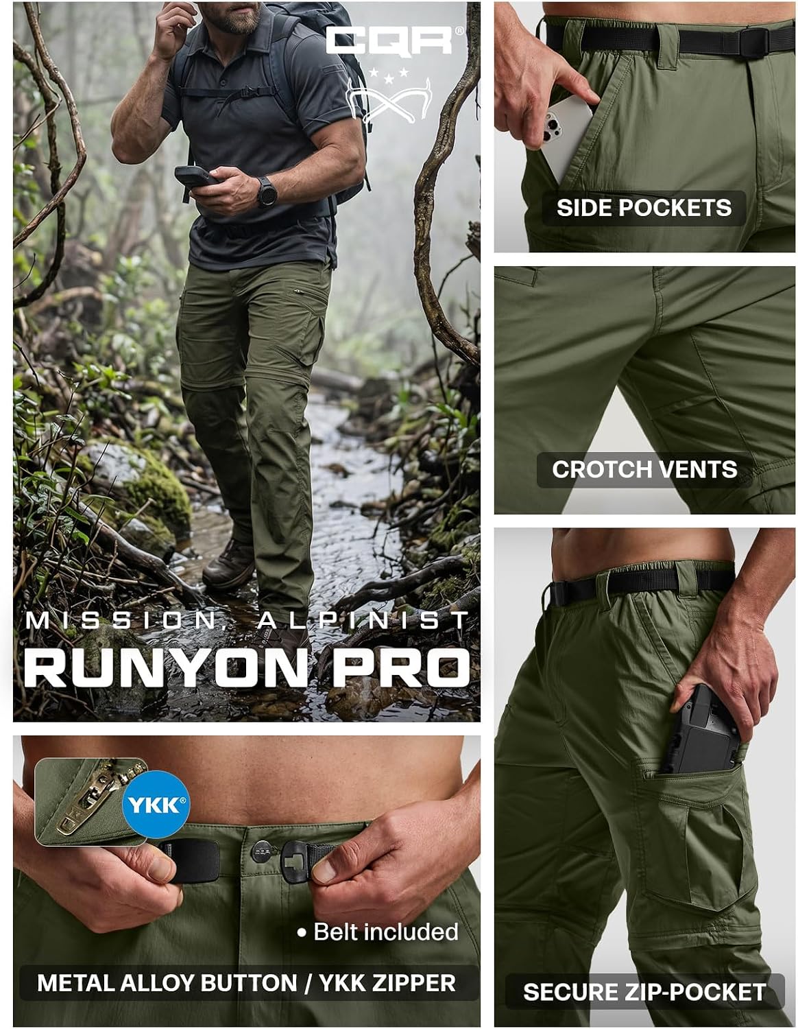 CQR Men's Convertible Cargo Tactical Pants, Water Resistant Outdoor Hiking Pants, Zip Off Lightweight Stretch Work Pants