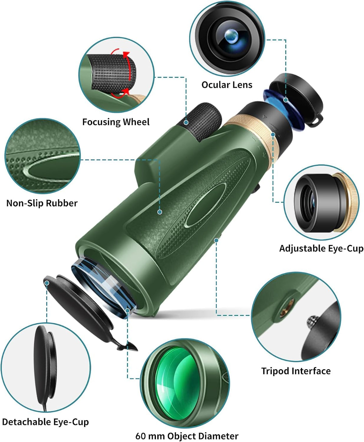 Monocular Telescope 12X60 HD High Power with Smartphone Adapter Tripod Larger Vision Monoculars for Adults with BAK4 Prism & FMC Lens Suitable for Bird Watching Hiking Camping Wildlife-Green