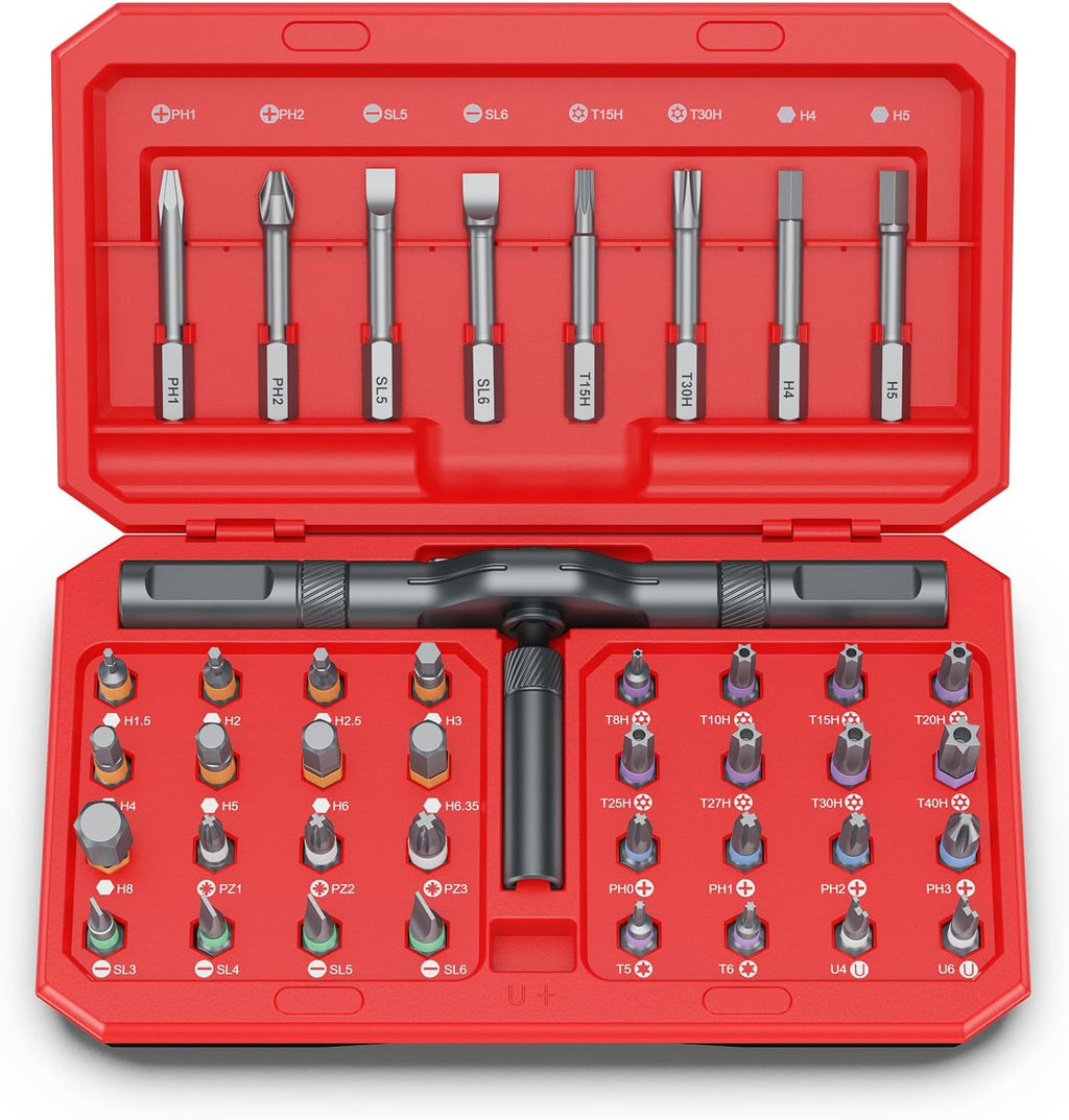 Bomivoi 42 in 1 Magnetic Screwdriver Set, DIY Ratchet Screwdriver Set, Multi Bit Magnetic Drive Set with Detachable Ratchet Handle, Portable Compact Repair Tool Kit for Furniture Computer Bicycle Red