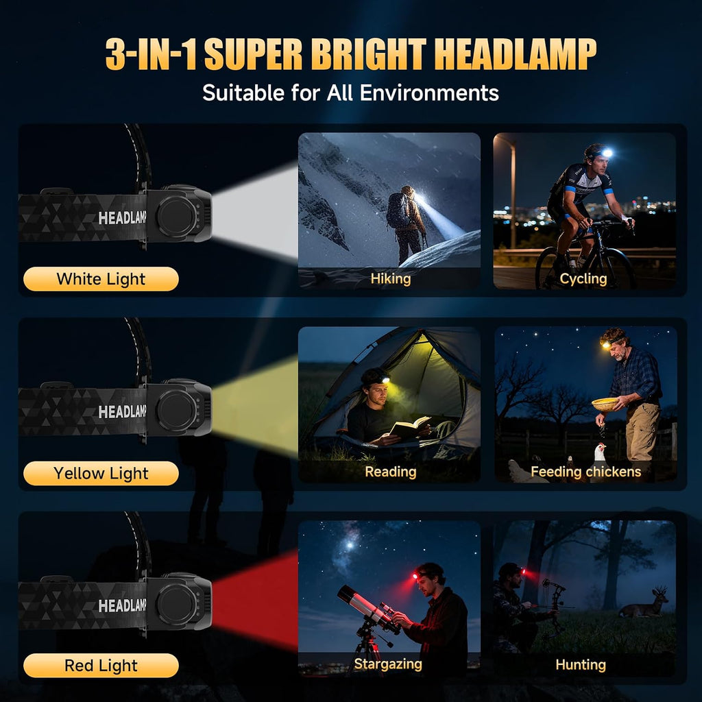 ATDOALL Rechargeable LED Headlamp, 3 Pack Lightweight Head Lamps for Hiking