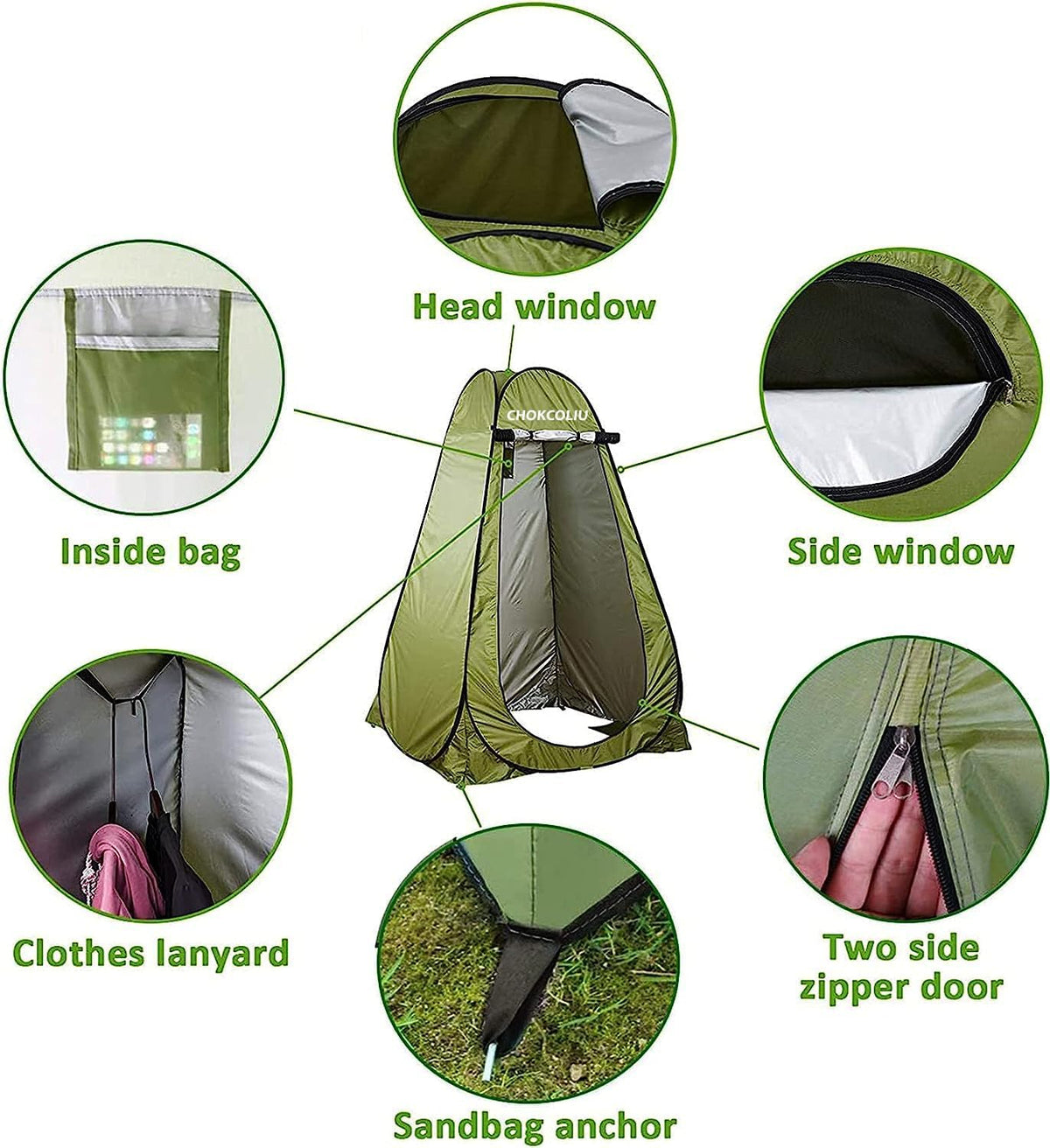 Pop-up Shower Tent & 20L Solar Shower Bag Combo - Waterproof Camping Privacy Shelter with Portable Heated Water Reservoir for Outdoor Bathing, Beach, Hiking (Green, 120x120x190cm)
