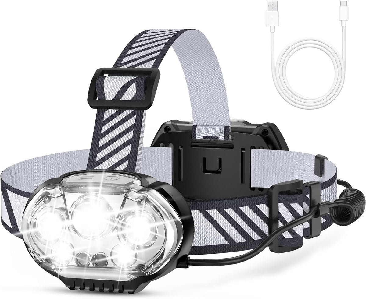 MIOISY Rechargeable Headlamp, High Lumen 5 LED Head Lamp Red White Light