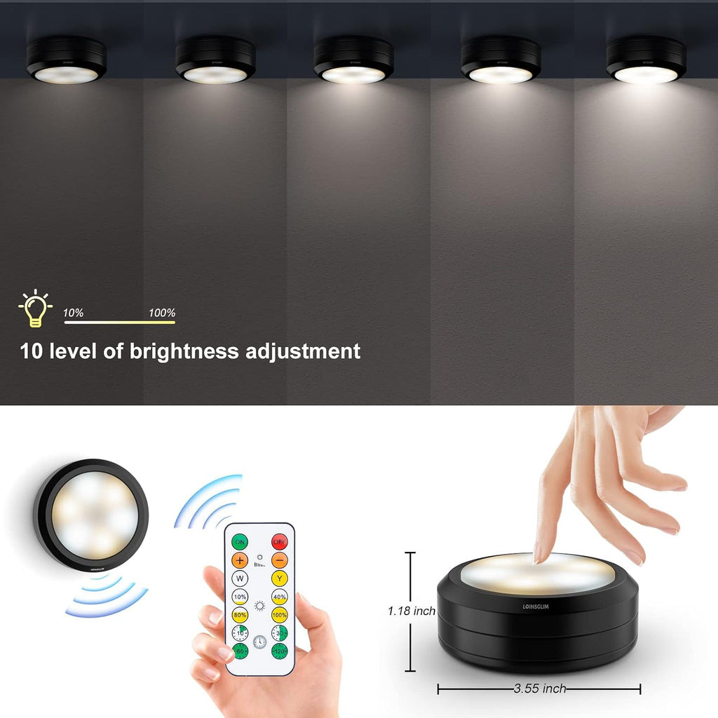 Puck Lights with Remote, Wireless LED Puck Light for Kitchen,Battery Operated Under Cabinet Lights, Under Counter Lighting Dimmable, Stick On Lights for Kitchen Shelf Counter Black (4pack)