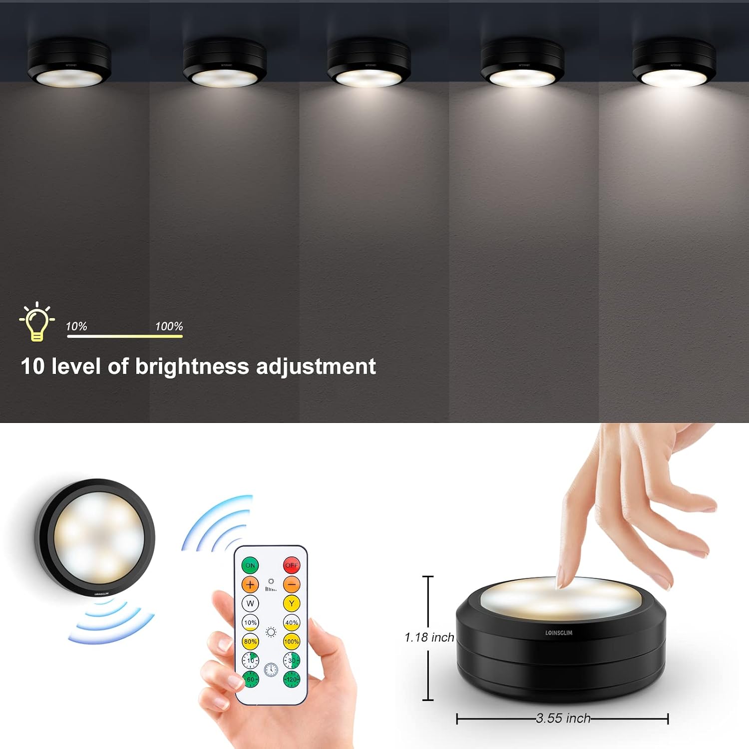 Puck Lights with Remote, Wireless LED Puck Light for Kitchen,Battery Operated Under Cabinet Lights, Under Counter Lighting Dimmable, Stick On Lights for Kitchen Shelf Counter Black (4pack)