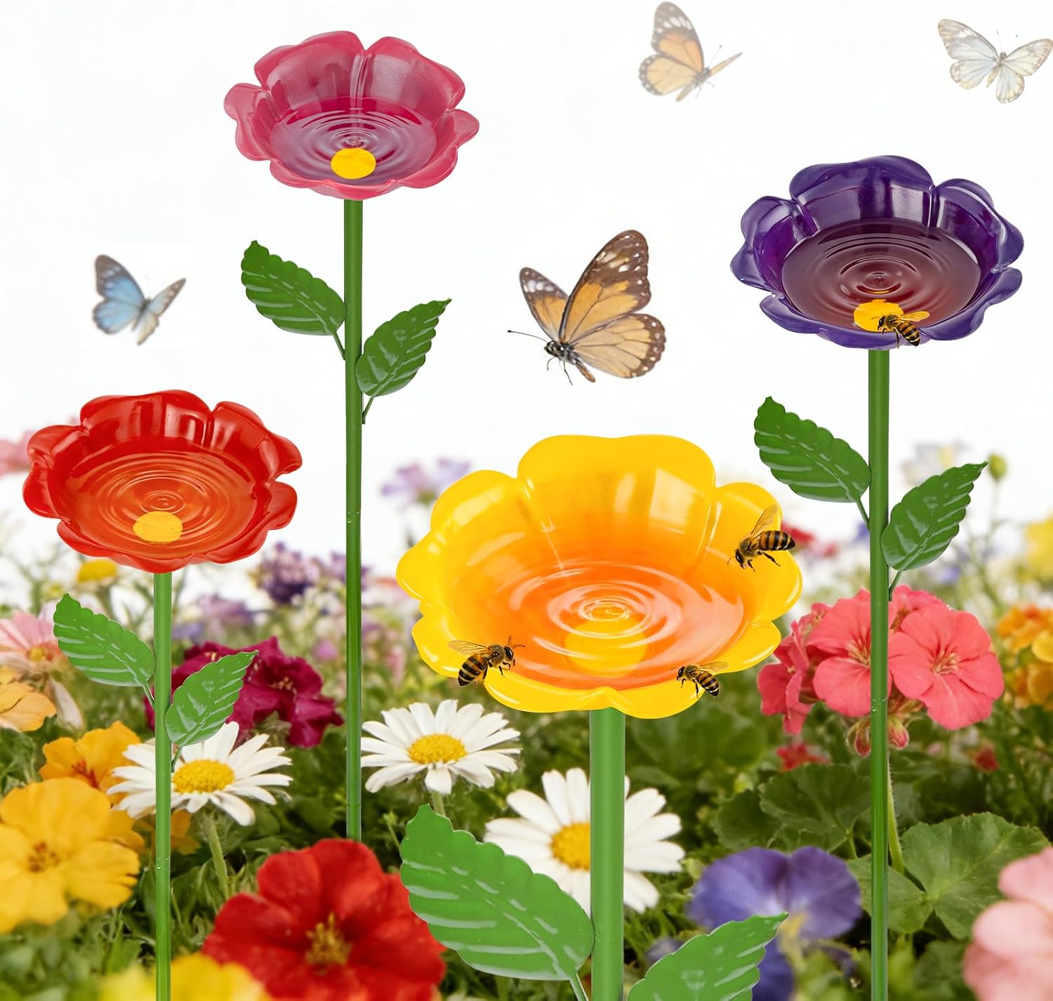 Mellbree Bee Watering Station, 4-Pack Metal Flower Bee Bath for Garden – Butterflies & Pollinators – Colorful Outdoor Gardening Stakes for Yard, Patio, Butterfly Garden, Gardening Essentials, 4