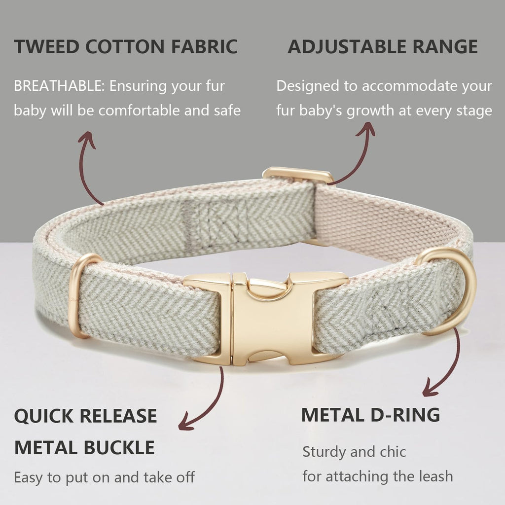 Soft Dog Collar and Leash Set Adjustable Woven Tweed Dog Collars with Metal Buckle and Lead for Small Medium Large Dogs,Grey