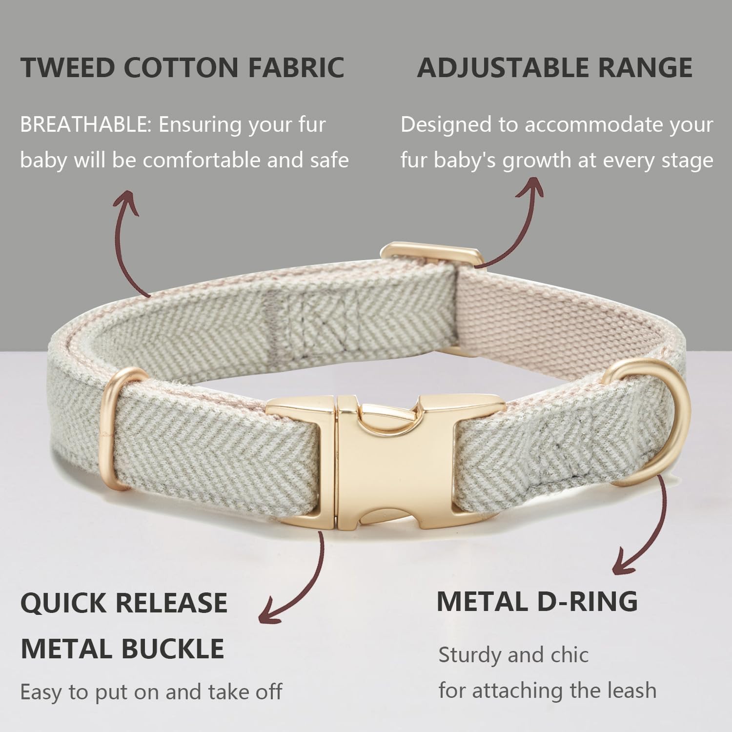 Soft Dog Collar and Leash Set Adjustable Woven Tweed Dog Collars with Metal Buckle and Lead for Small Medium Large Dogs,Grey