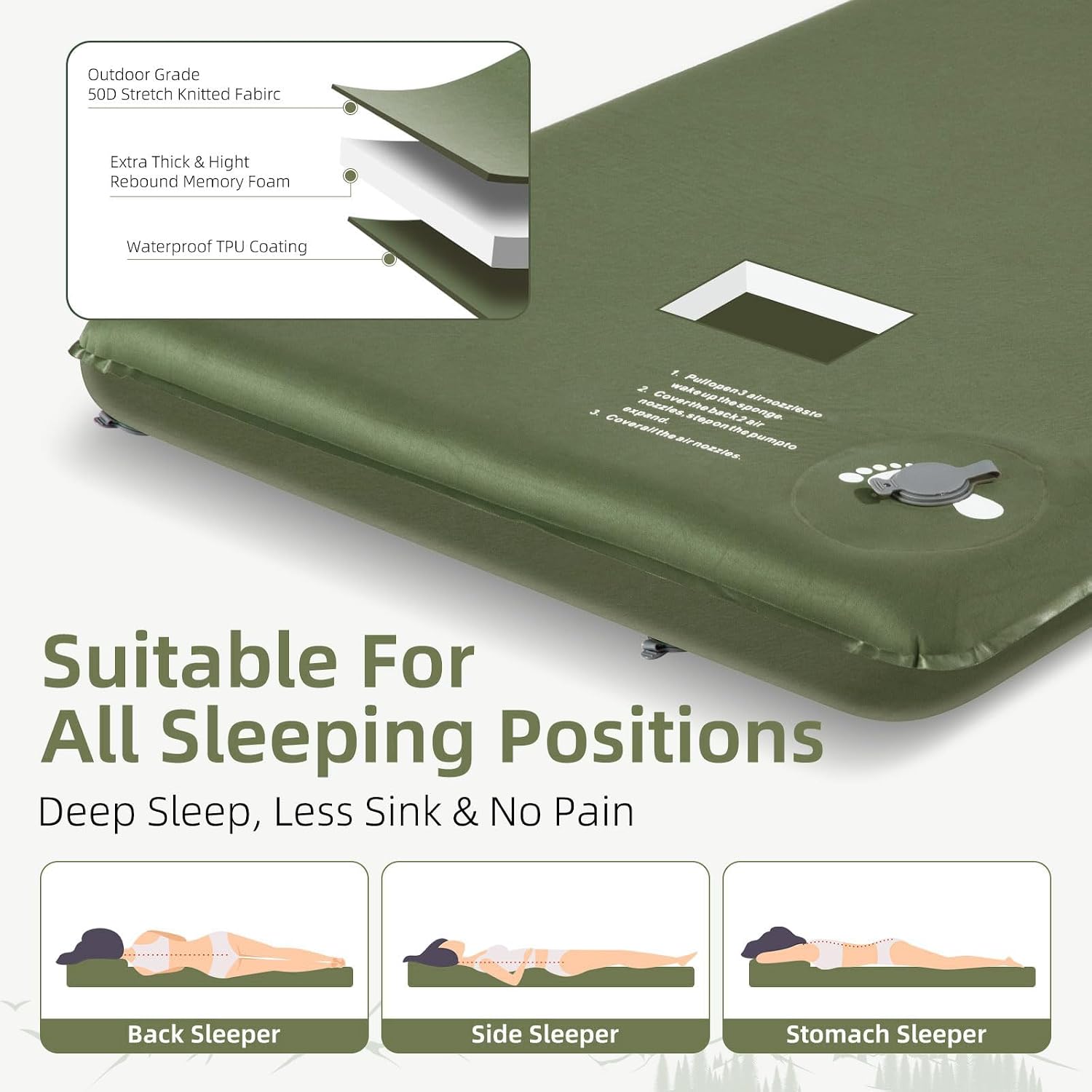 Wevelel Memory Sleeping Pad, 3.1" Ultra-Thick Foam Sleeping Mats for Camping, Easy Inflate&Deflate,9.5 R-Value Insulated Camping Mattress Pad with Pillow, for Car Travel Tent