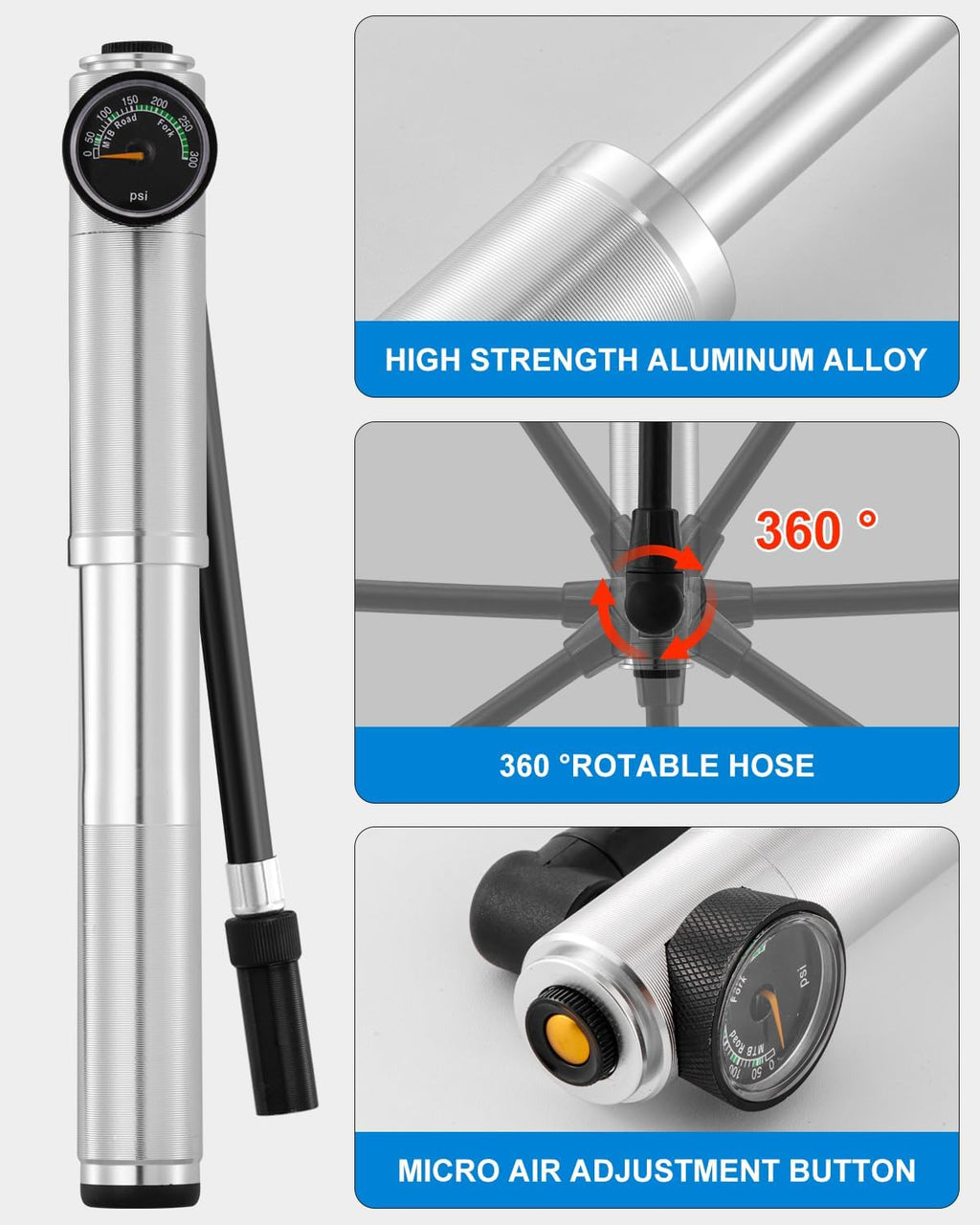 Julai Mini Bike Pump with Gauge, Portable Frame Pump, 300 PSI
