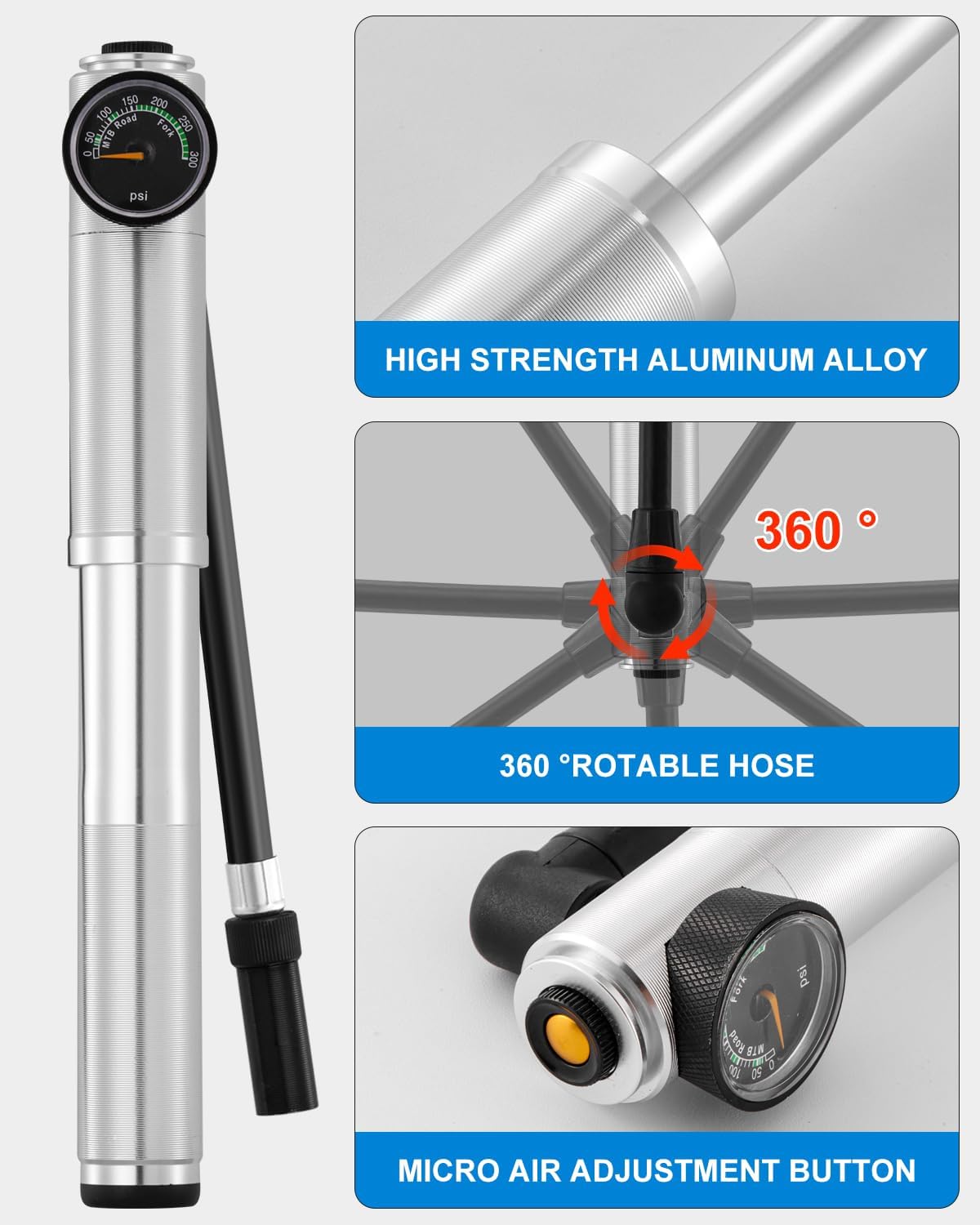 Julai Mini Bike Pump with Gauge, Portable Frame Pump, 300 PSI