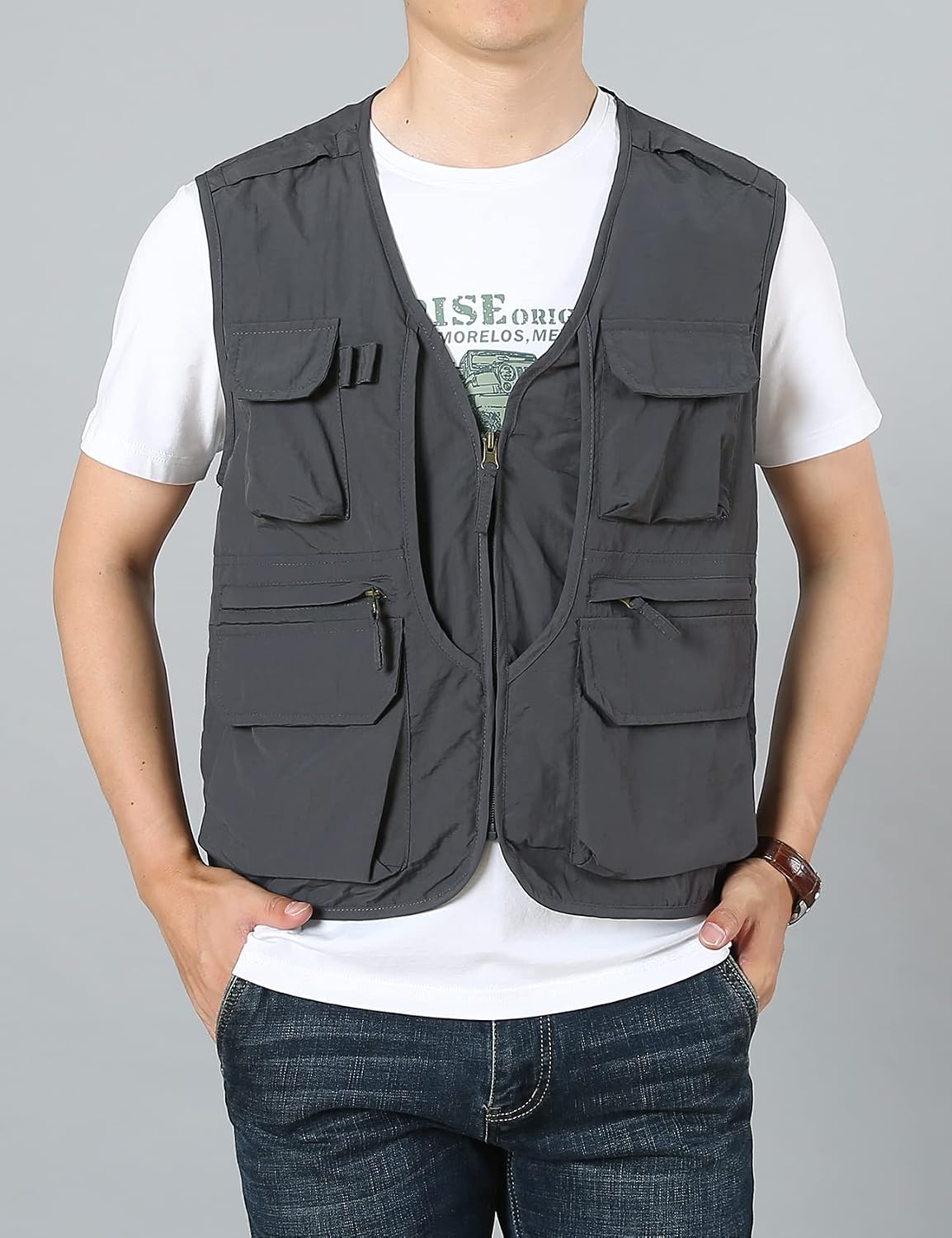 Flygo Men's Utility Cargo Vest Outdoor Fishing Safari Travel Work Photo Vest with Pockets
