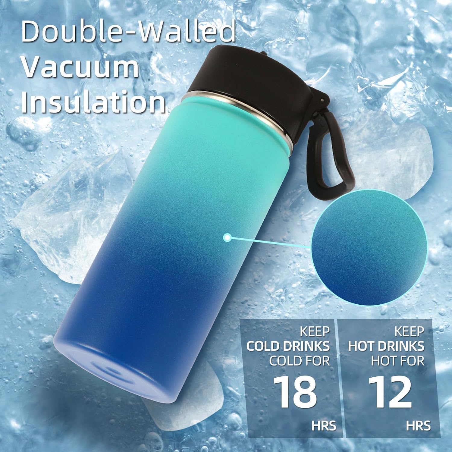Volhoply 16 OZ Kids Water Bottle Bulk 2 Pack,Insulated Sports Bottles with Straw Lid,Stainless Steel Bottle with Handle Keep Cold & Hot,Double Wall Vacuum Tumbler Cups for School(Green Blue, 2)