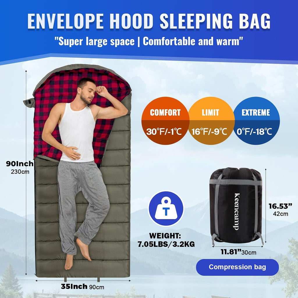 Keencamp 0 Degree Sleeping Bag Cotton Flannel Winter Cold Weather for Adults XXL Sleeping Bag 4 Season Big and Tall with Pillow Compression Sack