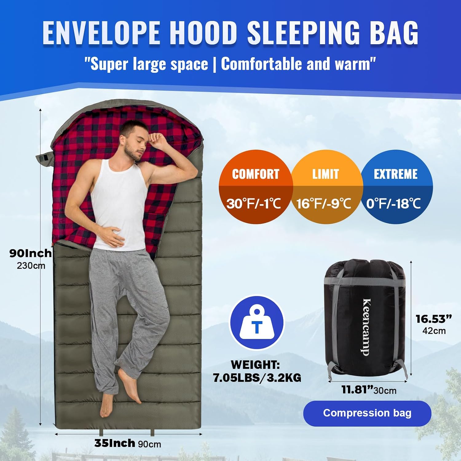 Keencamp 0 Degree Sleeping Bag Cotton Flannel Winter Cold Weather for Adults XXL Sleeping Bag 4 Season Big and Tall with Pillow Compression Sack