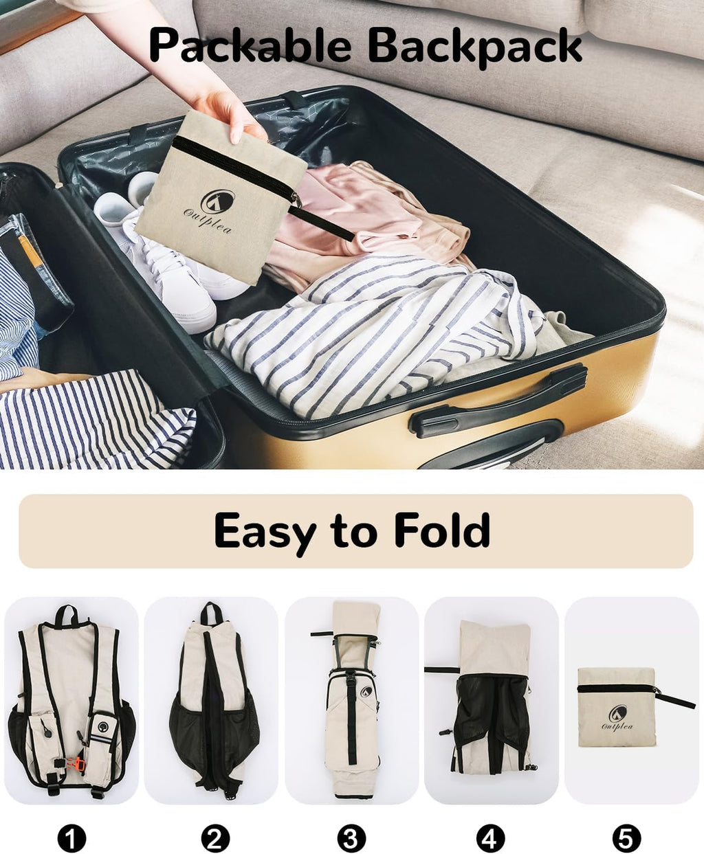 Folding Hiking Backpack with Phone Pocket for Men Women, Small Ultralight Packable Casual Daypack with Shoulder Chest Straps for Travel, 15L Foldable Lightweight Day Pack, Beige