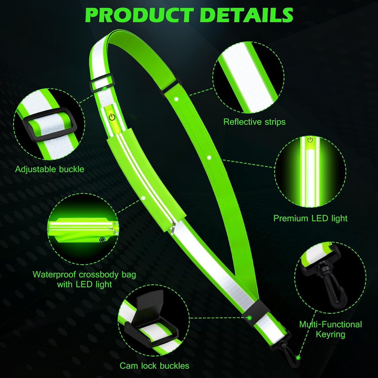 Ylzzrs Reflective Sash Gear for Walking at Night,LED Reflective Belt Safety Lights,Lights for Night Dog Walking,High Visibility Type-C Rechargeable with Phone Holder for Men Women