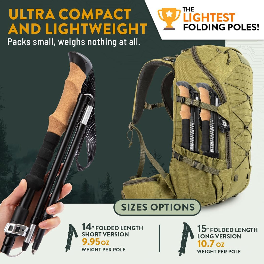 Premium Foldable Hiking Poles by USA Brand - Adjustable, Lightweight Trekking Poles Made of Aircraft Aluminum, Metal Locks Cork EVA Grips