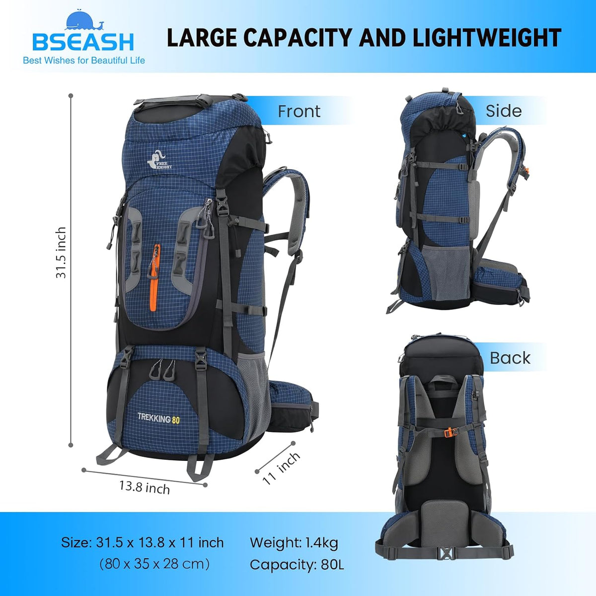 Bseash 80L Waterproof Hiking Camping Backpack with Rain Cover, Lightweight Outdoor Sport Travel Daypack for Climbing Touring