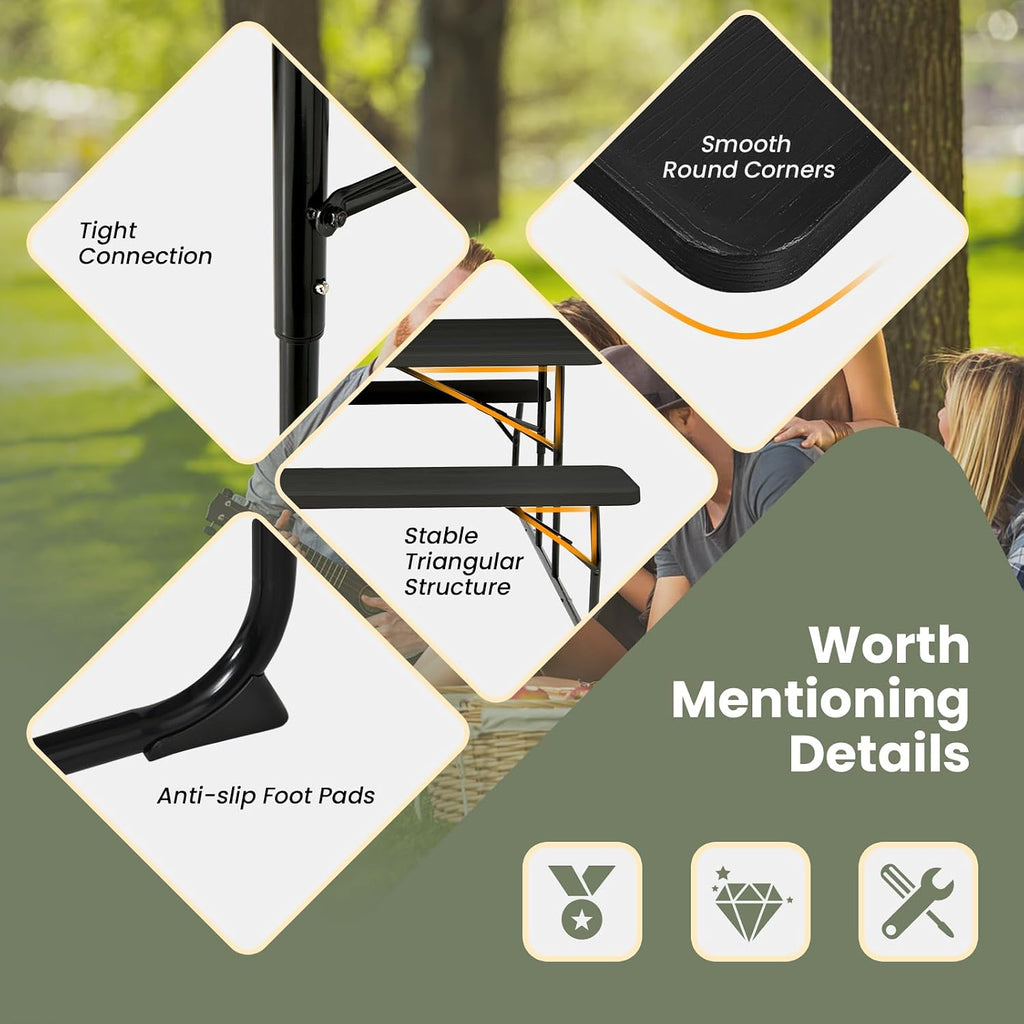 Tangkula Folding Picnic Table with 2 Benches, Outdoor Metal Camping Table Set with Plastic Wood-Like Texture Tabletop & Steel Frame, Foldable Camping Table for Picnic, Party, BBQ (Black)
