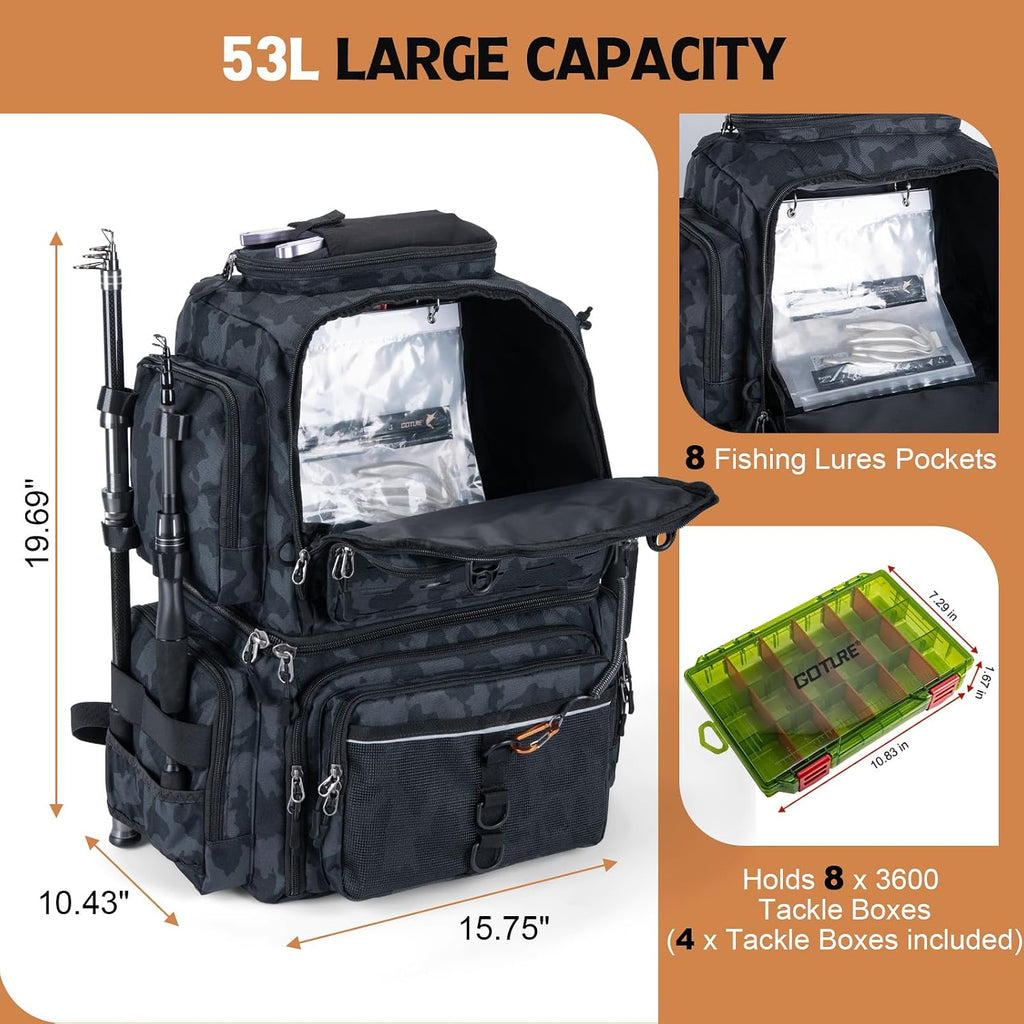 Goture Fishing Backpack with Cooler, 4 3600 Tackle Boxes,2 Rod Holders
