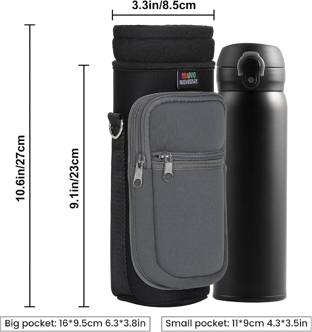Nuovoware Water Bottle Carrier Bag, 25oz/32oz Bottle Holder with Adjustable Shoulder Strap, 2 Pocket Sling Bag - Neoprene Sleeve for Hiking, Travelling - Black/Gray
