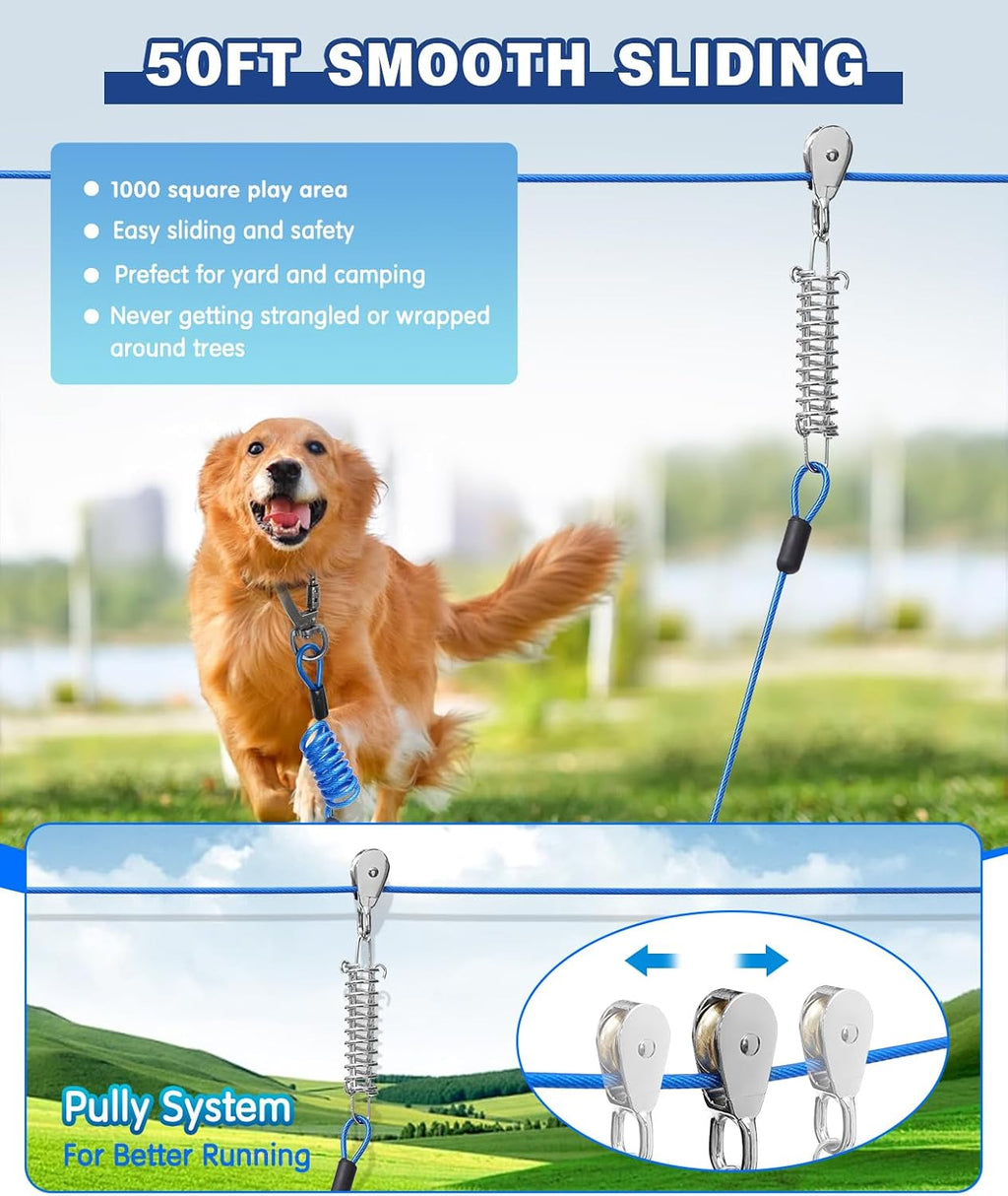 Dog Runner for Yard,Double Shock Absorption Dog Trolley System for Large Dogs,Heavy Duty 50FT Tie Out Run Cable with 10FT Leads,for Dogs Up to 250LBS,Aerial Zipline for Outside,Camping