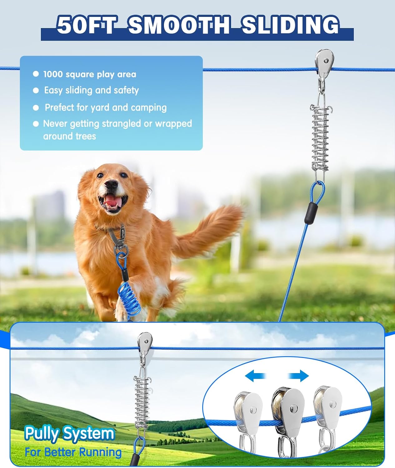 Dog Runner for Yard,Double Shock Absorption Dog Trolley System for Large Dogs,Heavy Duty 50FT Tie Out Run Cable with 10FT Leads,for Dogs Up to 250LBS,Aerial Zipline for Outside,Camping