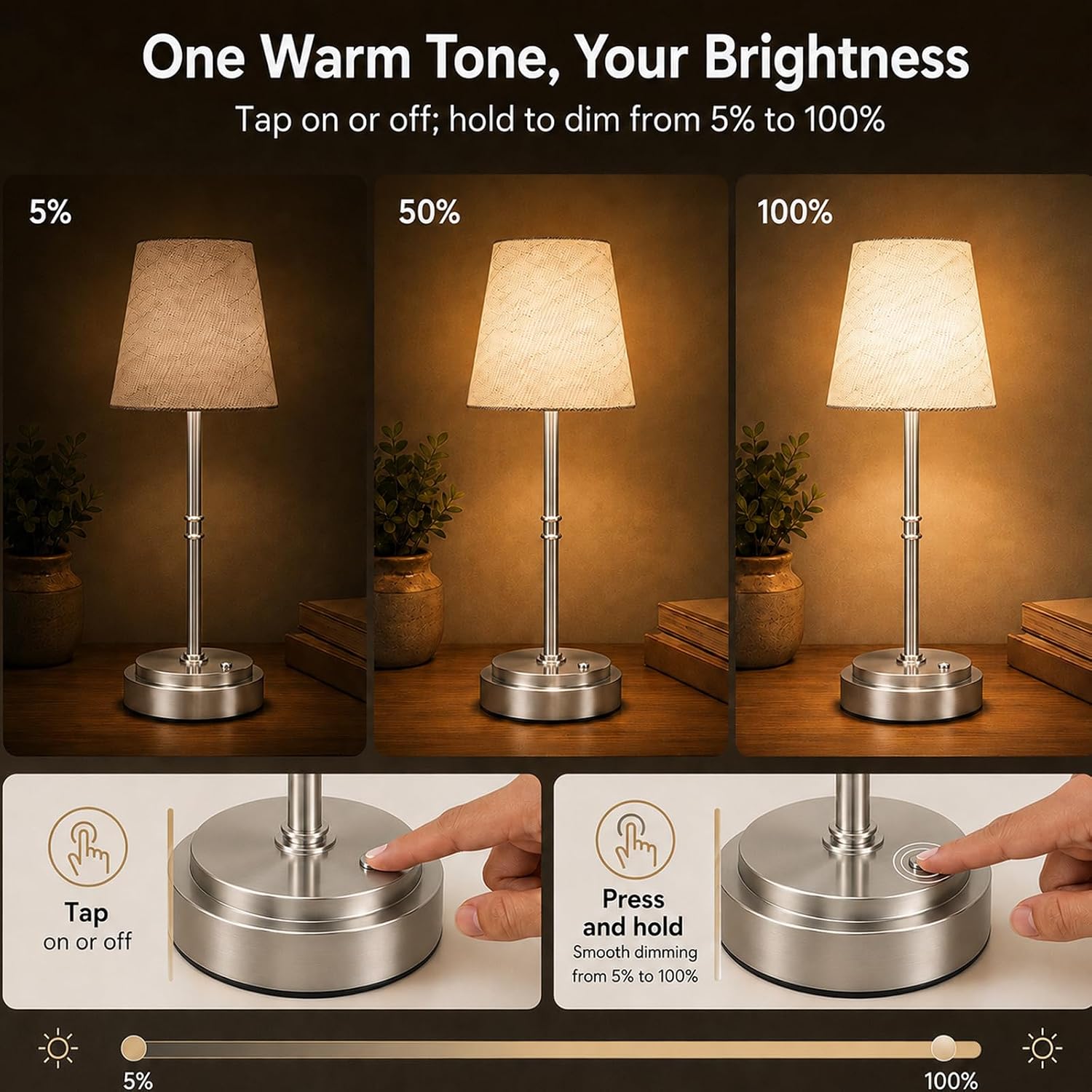 Rechargeable Cordless Table Lamp, Battery Operated Bedside Lamp, Silver