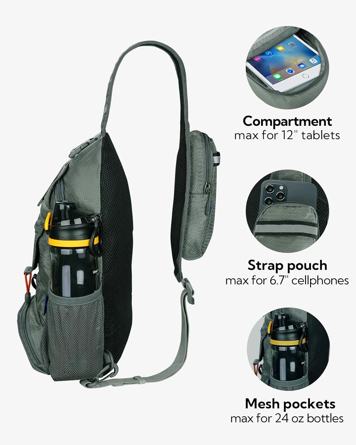 WATERFLY Packable Small Crossbody Sling Backpack Shoulder Chest Bag Daypack for Hiking Traveling Grey