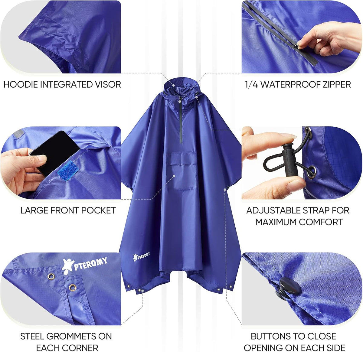PTEROMY Hooded Rain Poncho for Adults, Reusable Waterproof Raincoat