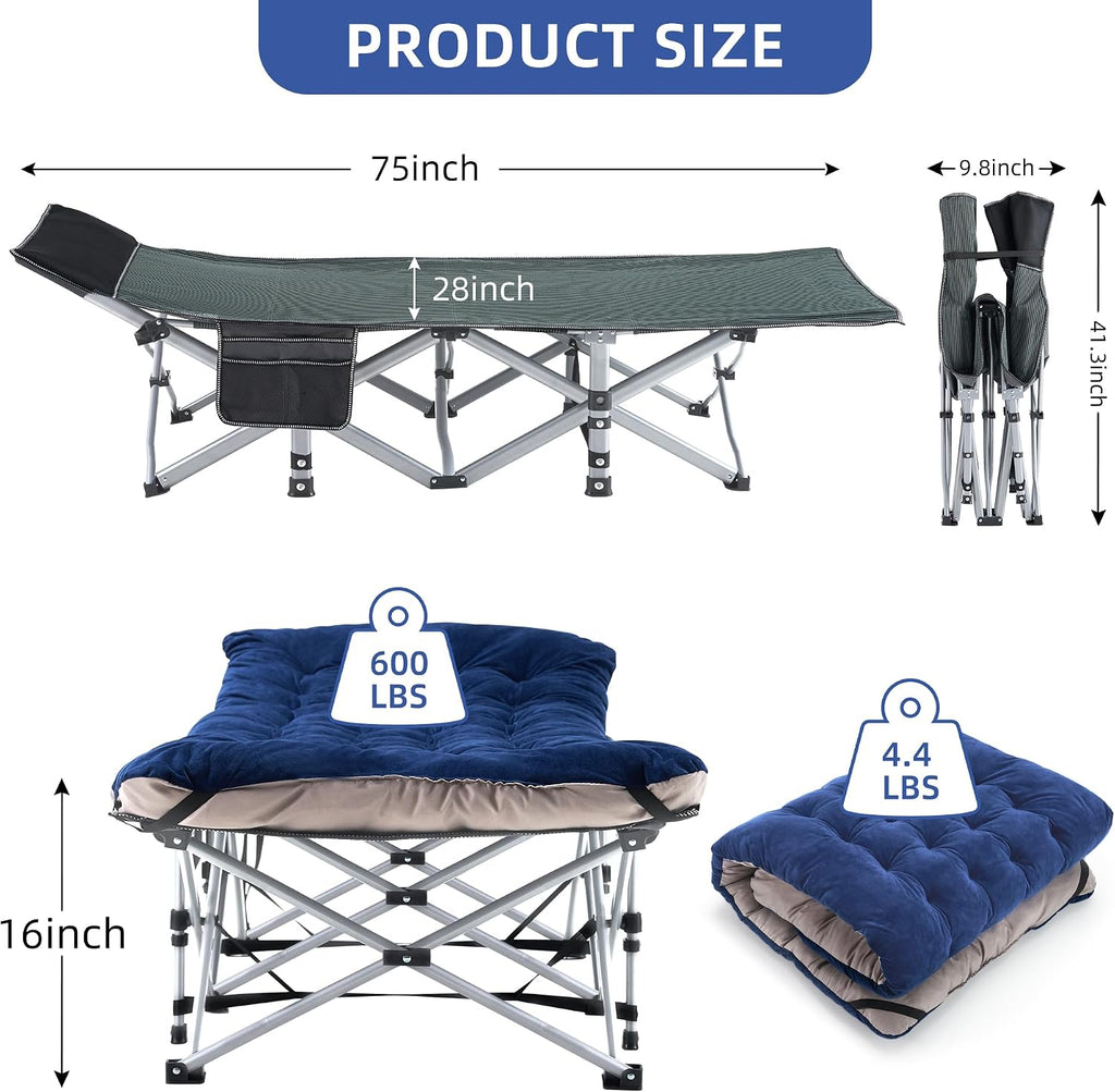 Fragess Camping Cot, Sleeping Cots, Portable Camping cots with Cushion, Pillow and Carry Bag, 1200D Double Layer Oxford, 600 LBS Weight Capacity Cots for Sleeping (Blue)
