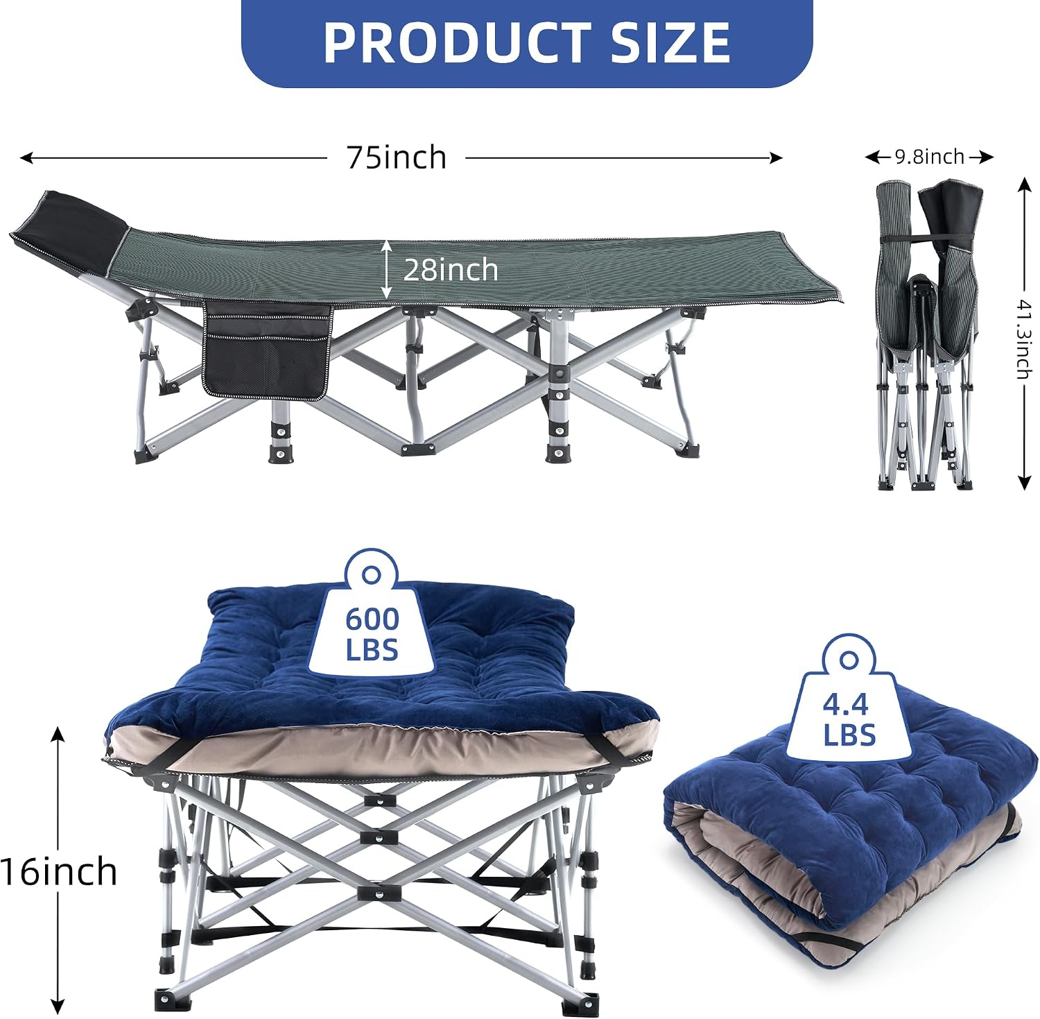 Fragess Camping Cot, Sleeping Cots, Portable Camping cots with Cushion, Pillow and Carry Bag, 1200D Double Layer Oxford, 600 LBS Weight Capacity Cots for Sleeping (Blue)