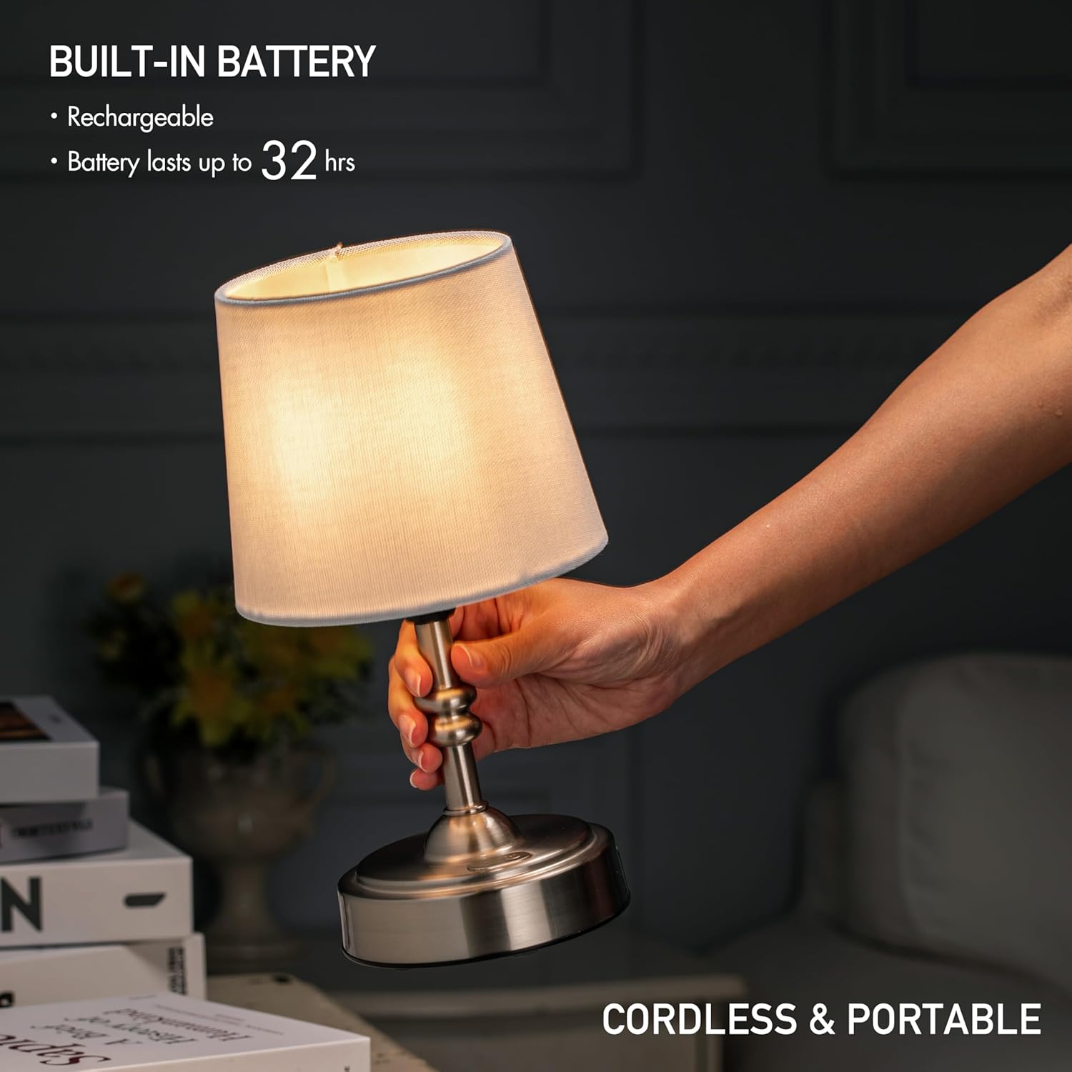 O’Bright Seraph mini – Cordless LED Table Lamp with Dimmer, Built-in Rechargeable Battery, 3-Level Brightness, Patio Table Lamp, Bedside Night Lamp, Ambient Light for Restaurant, Brushed Nickel
