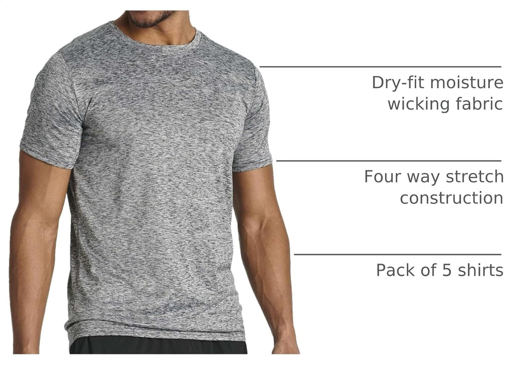 5 Pack Men's Dry Fit Workout T Shirts Crew Neck Athletic Gym Running Tees | Short Sleeve, Moisture Wicking, Cooling, Stretch, Undershirts, Work, Summer, Hiking, Tennis, Basketball, Sports, Exercise