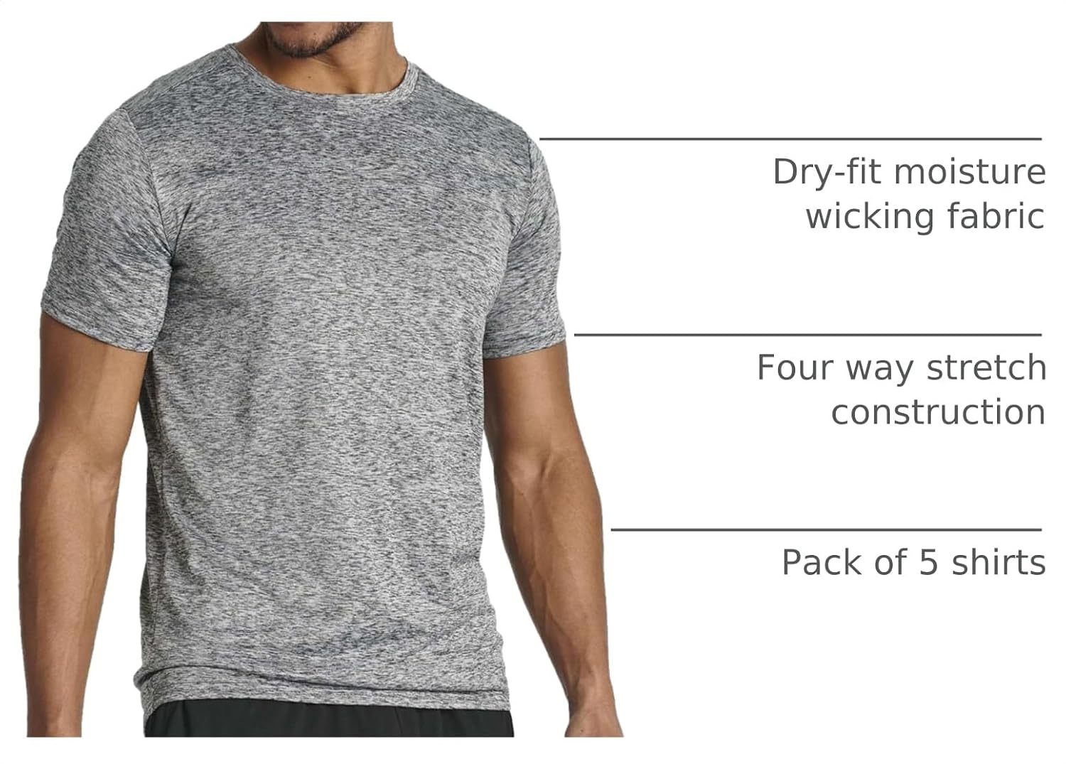 5 Pack Men's Dry Fit Workout T Shirts Crew Neck Athletic Gym Running Tees | Short Sleeve, Moisture Wicking, Cooling, Stretch, Undershirts, Work, Summer, Hiking, Tennis, Basketball, Sports, Exercise